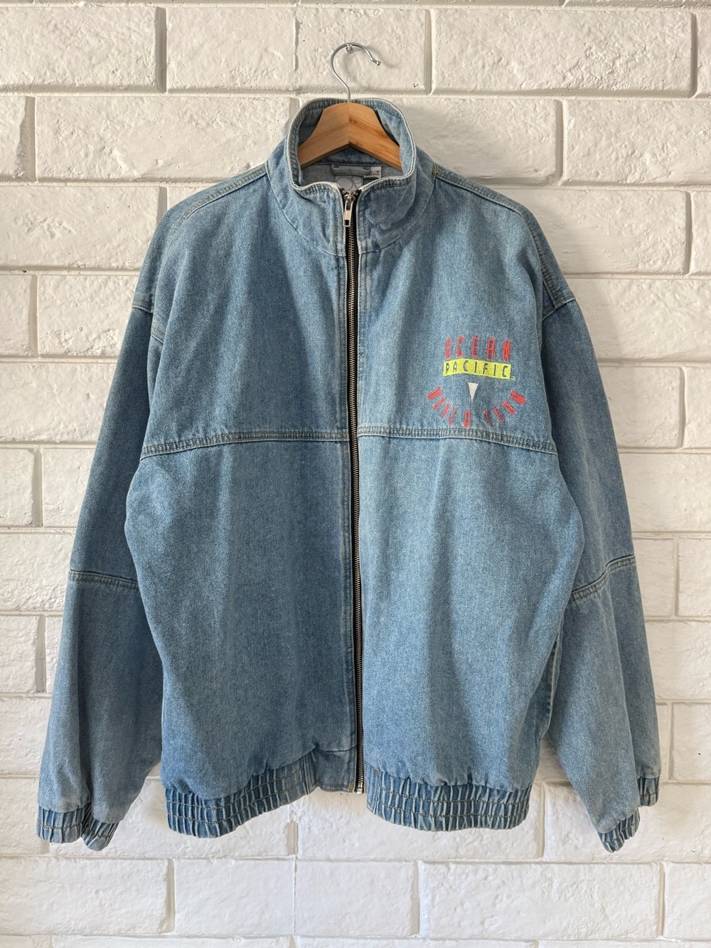 Vintage 90s Ocean Pacific World Team Full Zip Denim Bomber Jacket Size Large
